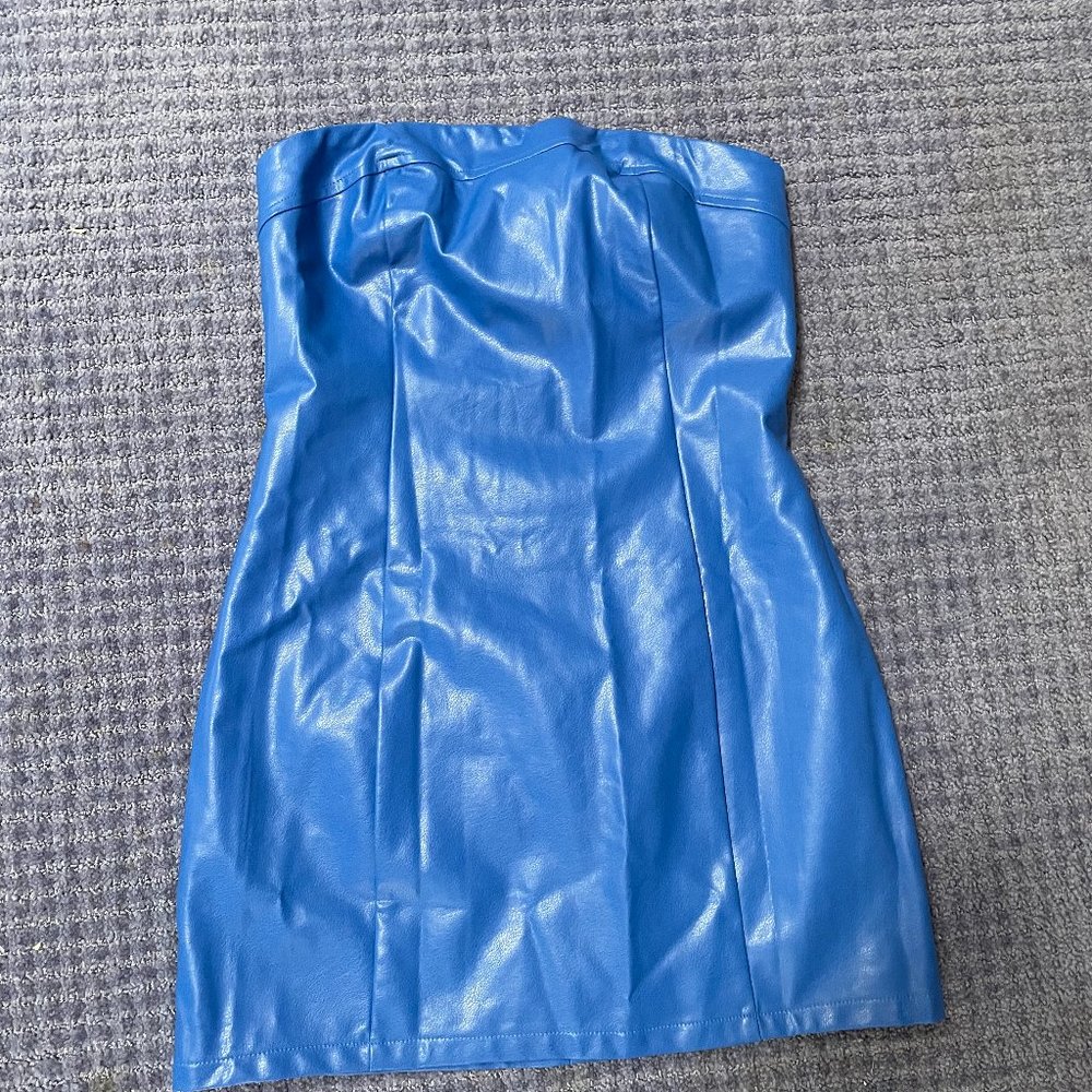 Blue leather strapless mini dress